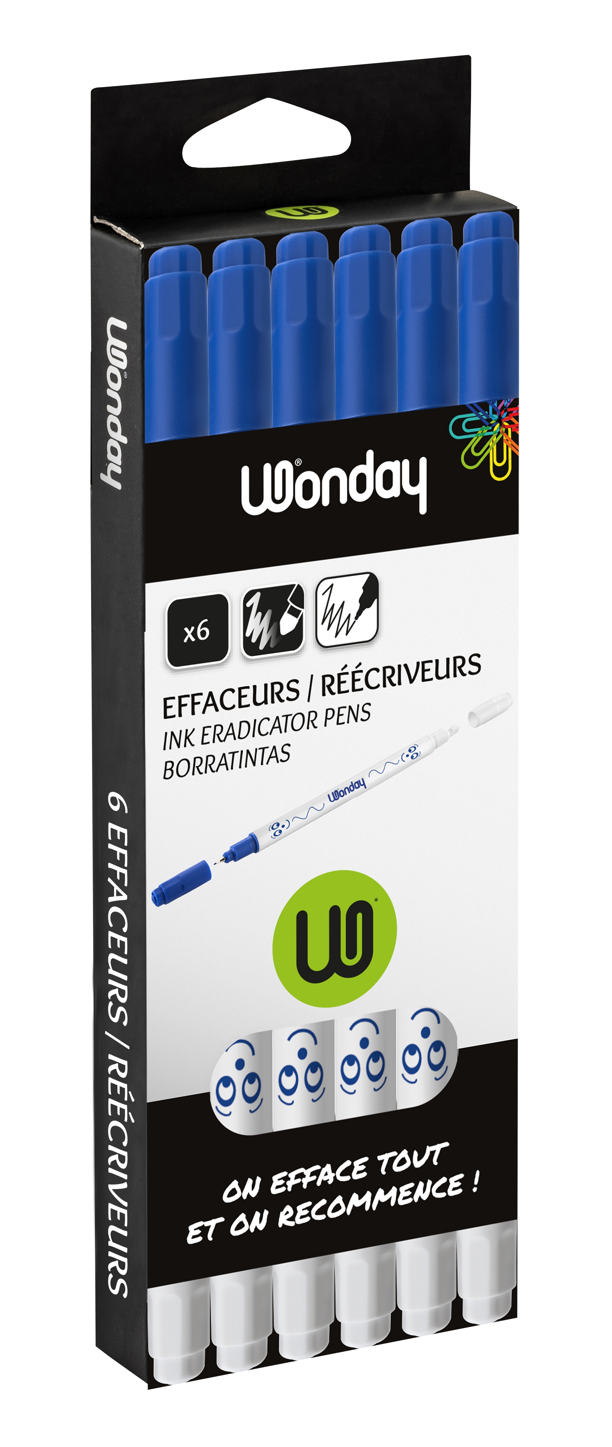 WONDAY Blister de 6 effaceurs reecriveurs, encre Bleue, pointe 1 mm