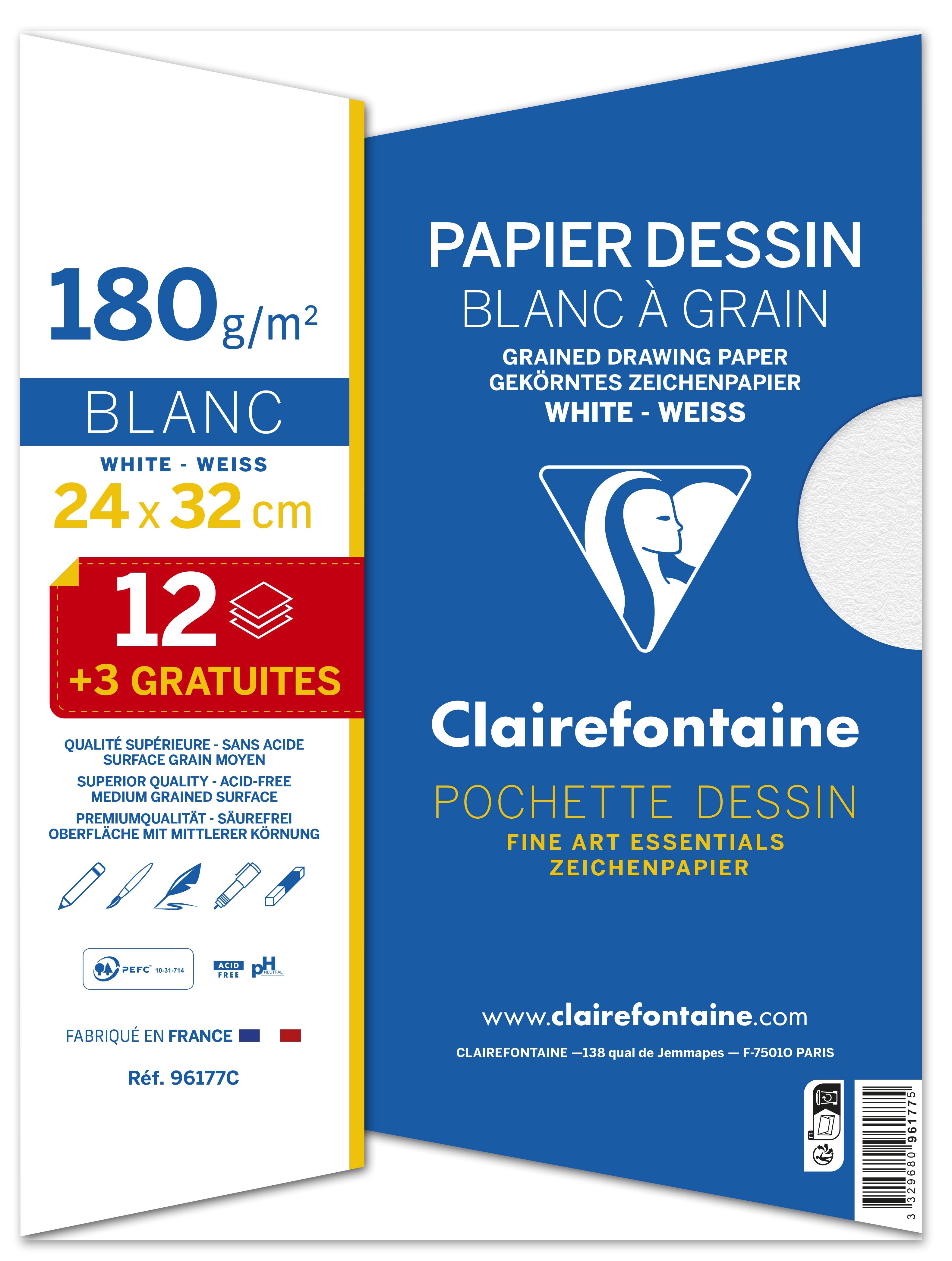 Pochette Dessin Blanc 24x32cm 12+3F 180g speciale rentree des classes