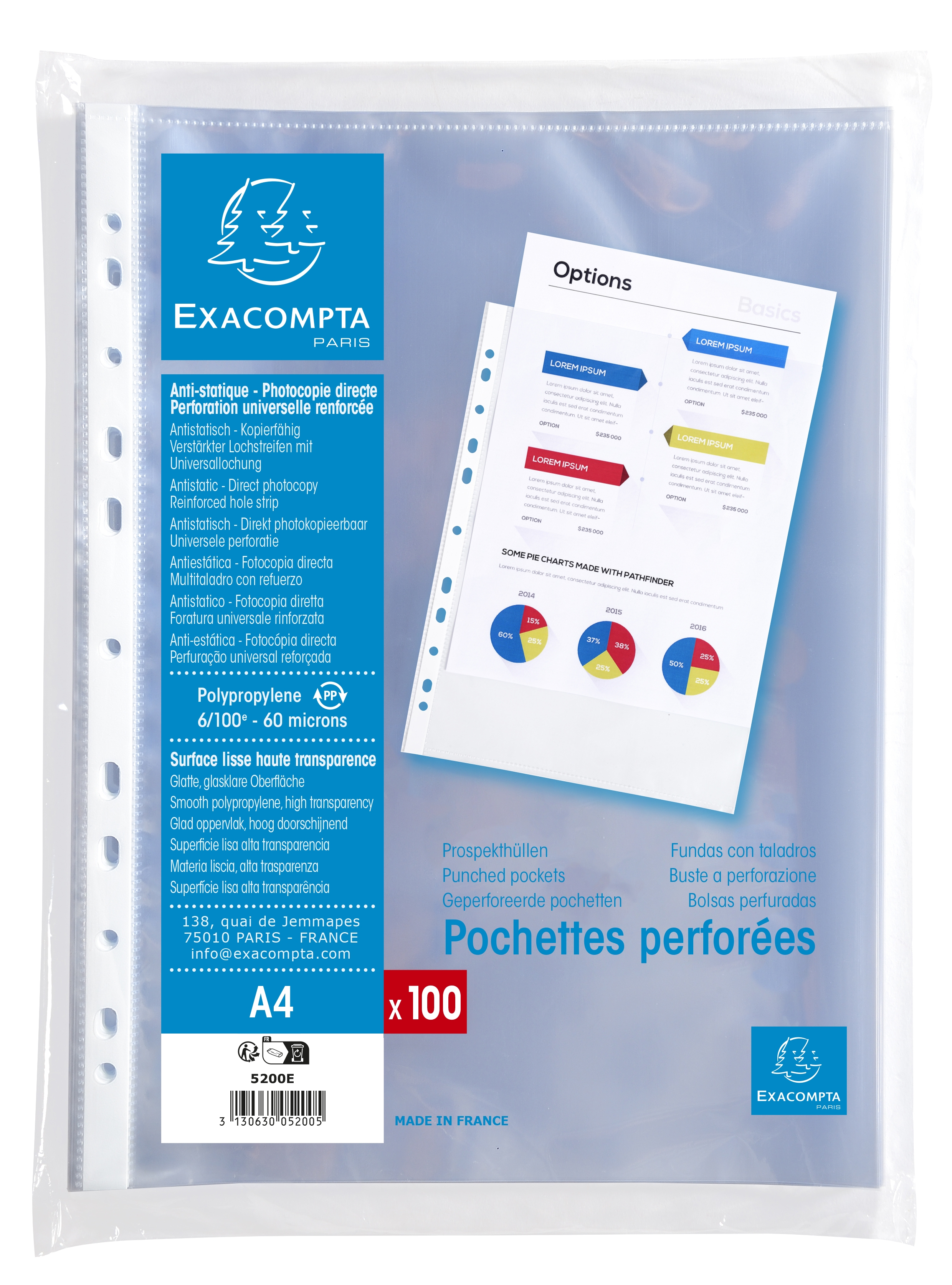 Sachet de 100 pochettes perforees polypropylene lisse 5/100e - A4. En polypropylene lisse 5/100eme, cette pochette permet un usage au quotidien. Elle dispose de 11 perforations pour faciliter le classement. Surface lisse haute transparence. Format a class