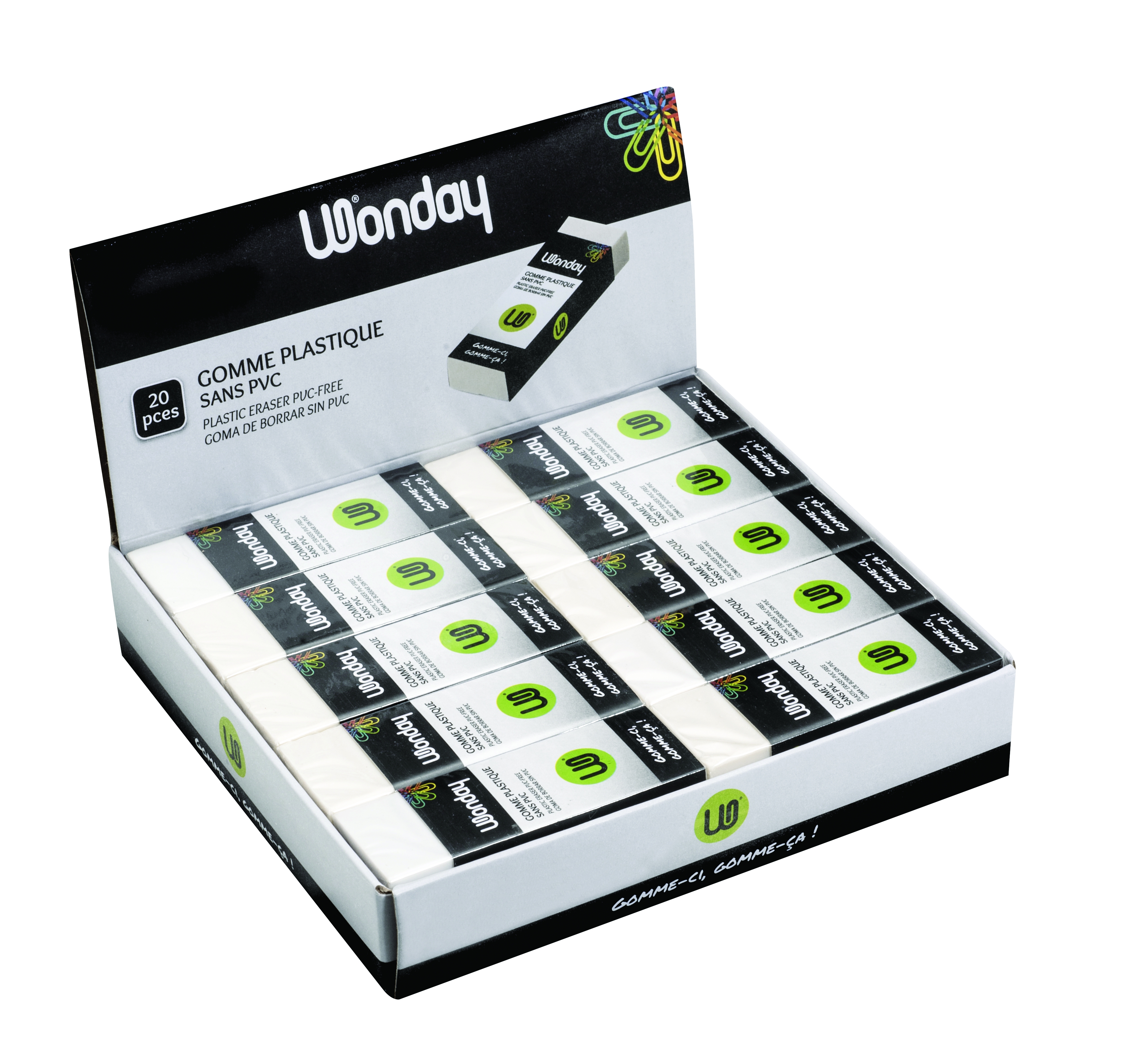 WONDAY Gomme plastique Blanche rectangulaire - Modele standard, tous usages - En boîte presentoir