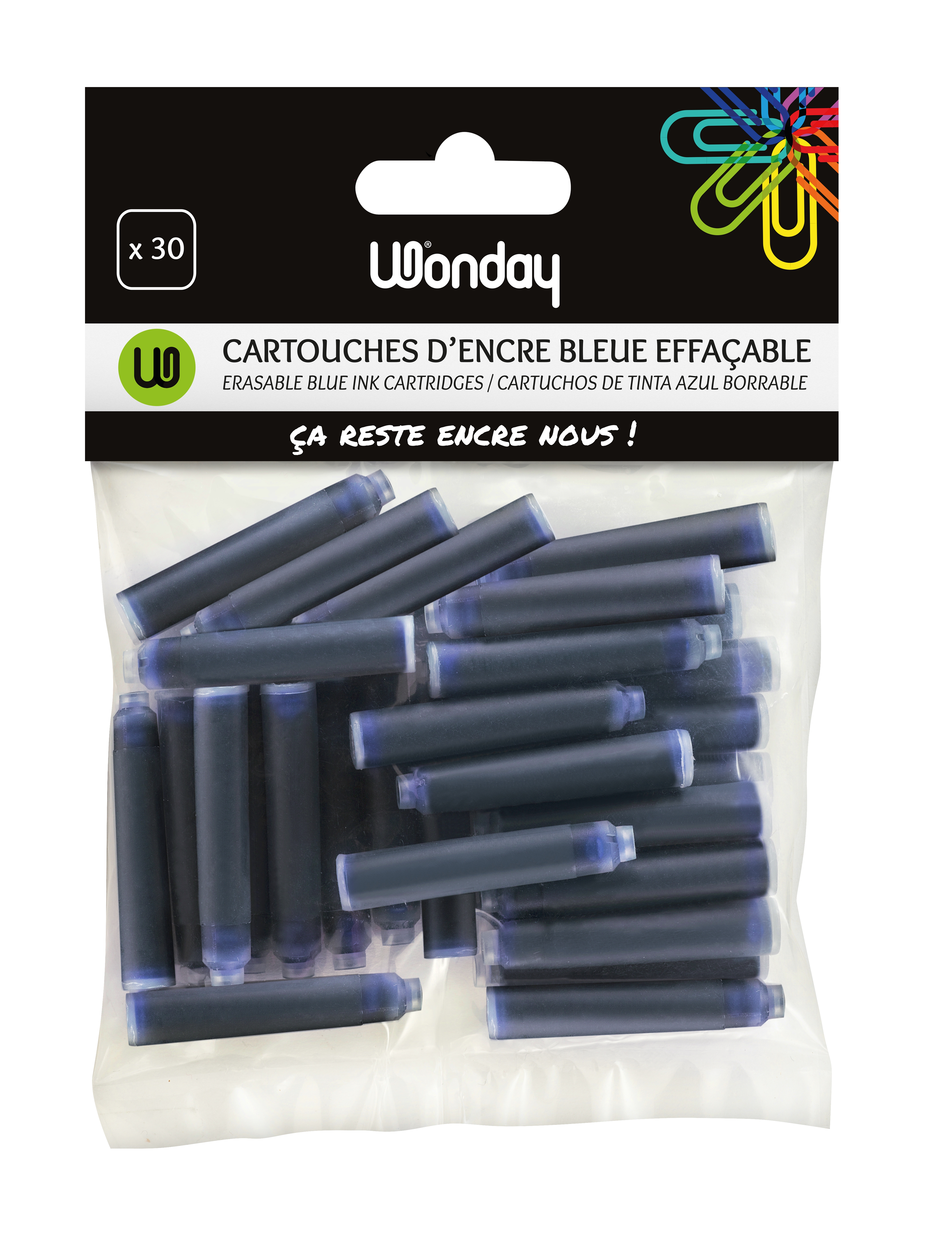 WONDAY Lot de 30 cartouches courtes d'encre Bleue (effacable)