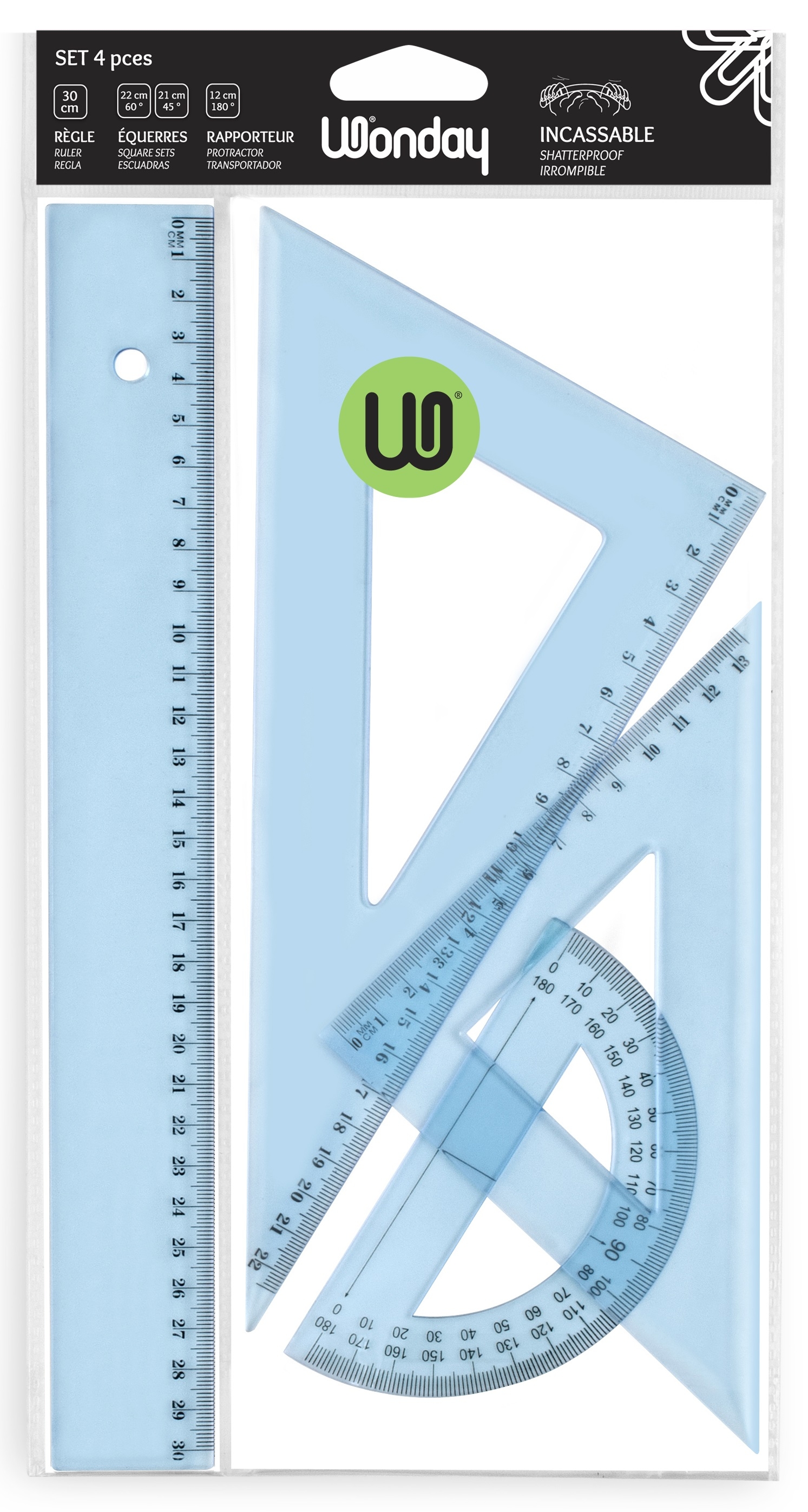 WONDAY Kit de tracage 4 pieces en plastique incassable, 1 regle 30cm, 1 rapporteur, 2 equerres