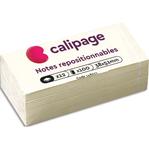 Lot de 12 blocs repositionnables 100 feuilles Jaunes 38x51mm