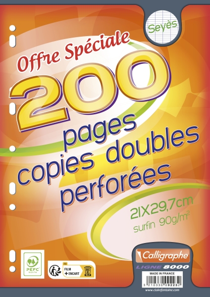 Copies doubles sous film A4 200 pages perforees grands carreaux