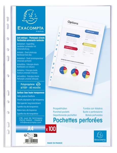 Sachet de 100 pochettes perforees polypropylene lisse 5/100e - A4. En polypropylene lisse 5/100eme, cette pochette permet un usage au quotidien. Elle dispose de 11 perforations pour faciliter le classement. Surface lisse haute transparence. Format a class
