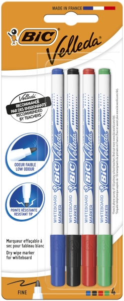 BIC Velleda 1721 Feutres pour Tableau Blanc Effacables a Sec Pointe Conique Fine - Couleurs Assorties, Blister de 4