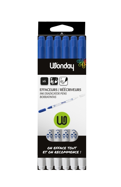 WONDAY Blister de 6 effaceurs reecriveurs, encre Bleue, pointe 1 mm